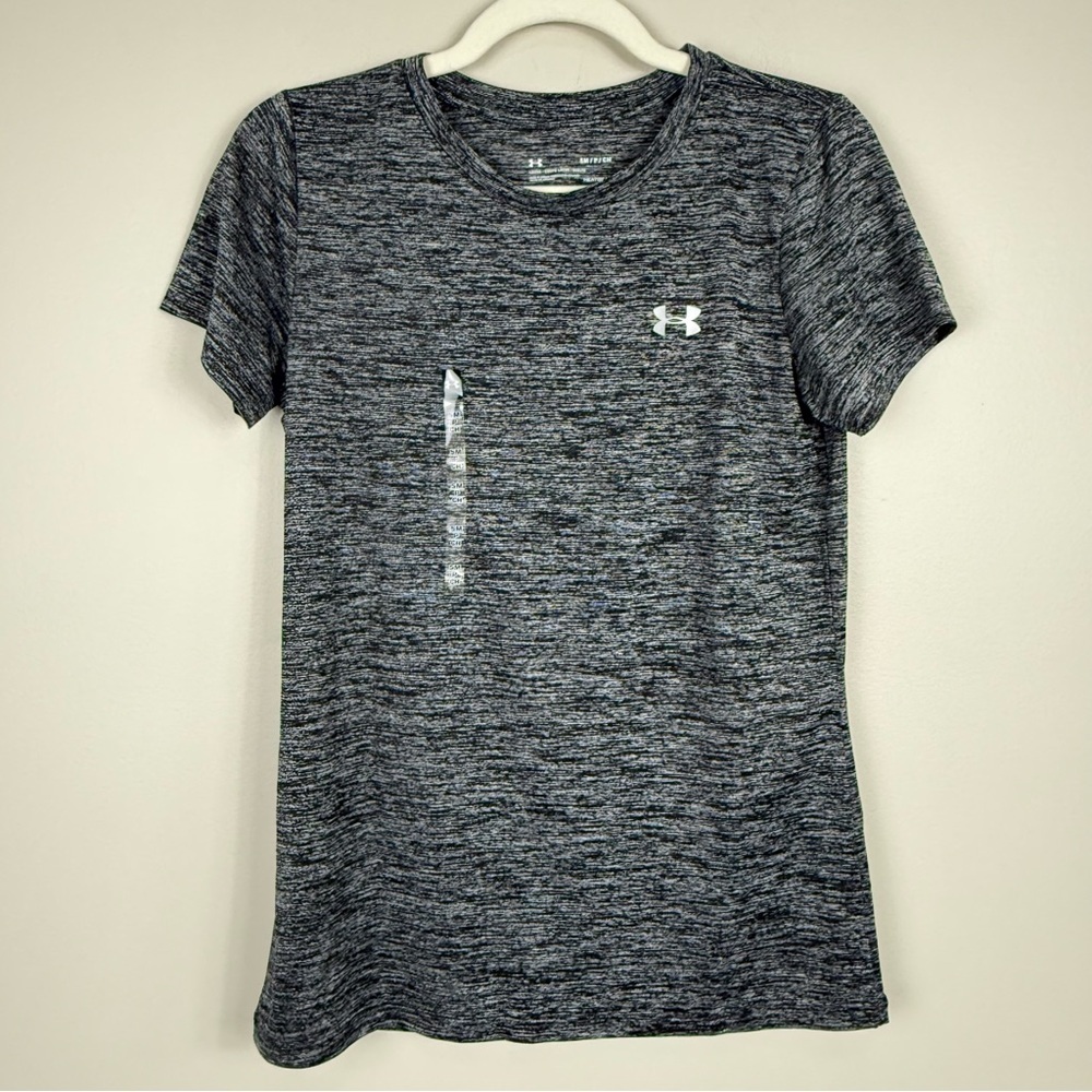 Under Armour Top Womens Small Black White Heathered Shirt Short Sleeve Stretch - Picture 7 of 7